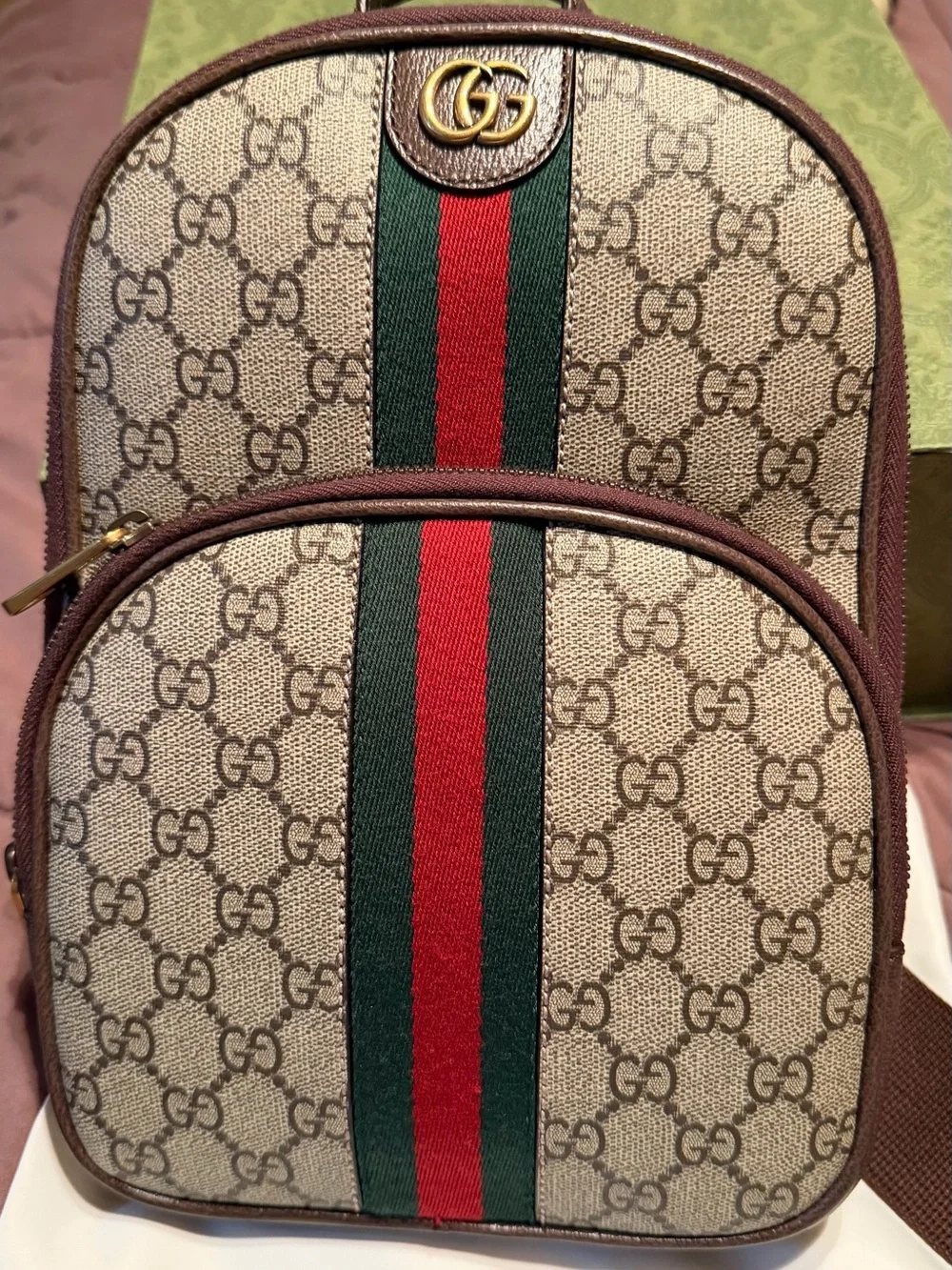 Gucci Beige GG Supreme Belt Bag with Red and Green Web Stripe